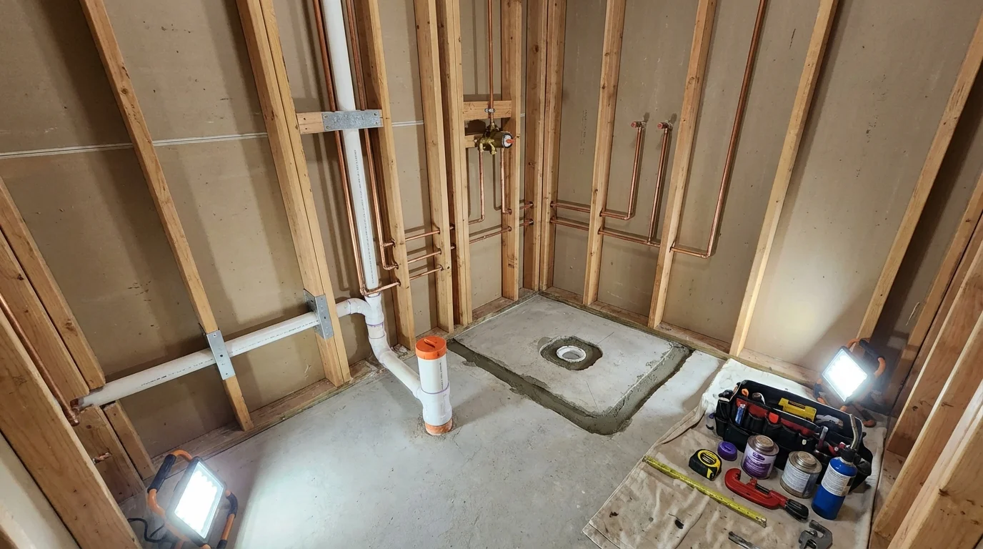 Bathroom rough-in plumbing during remodel by Johns Plumbing LLC in Coachella