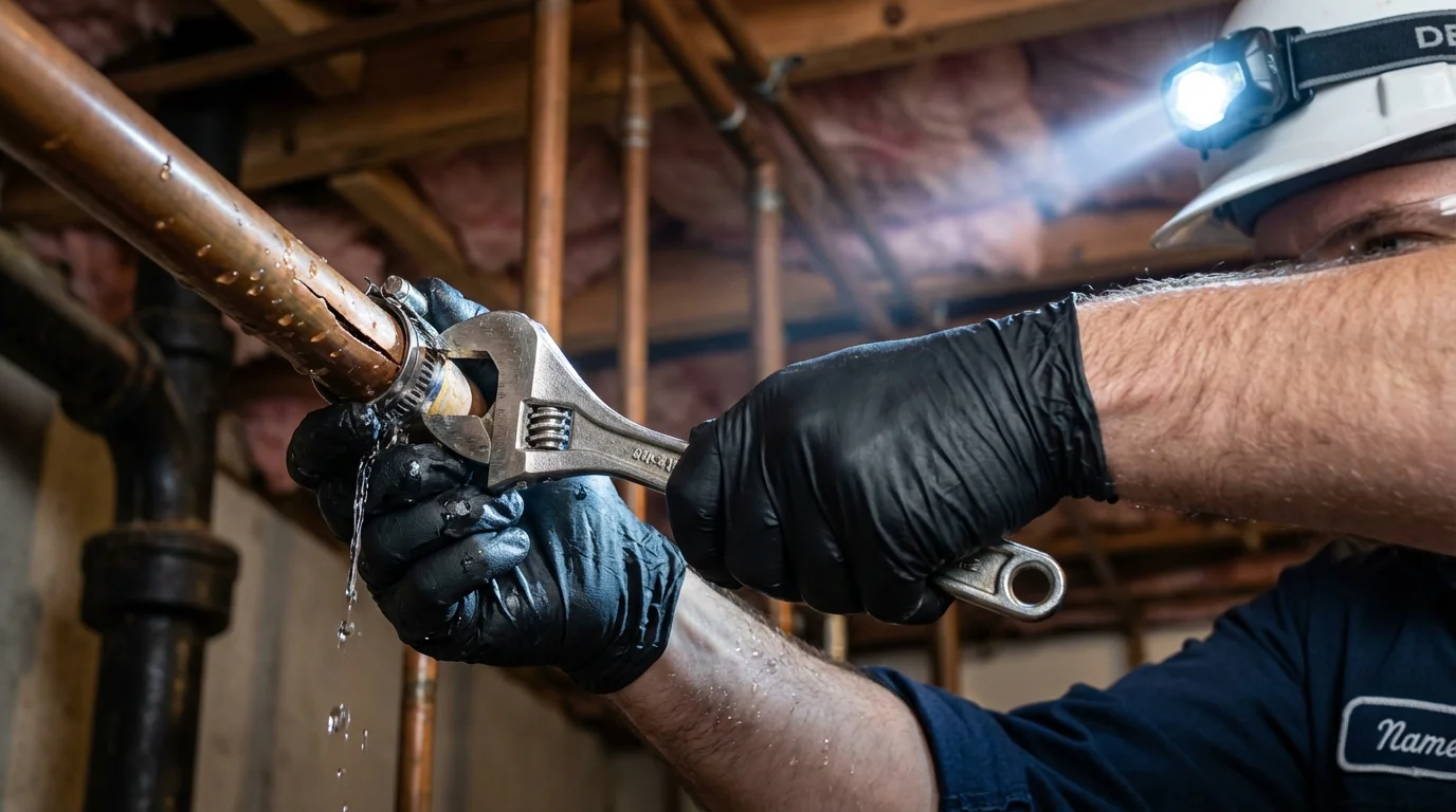 Emergency pipe clamp repair being performed by a Johns Plumbing LLC plumber in Coachella