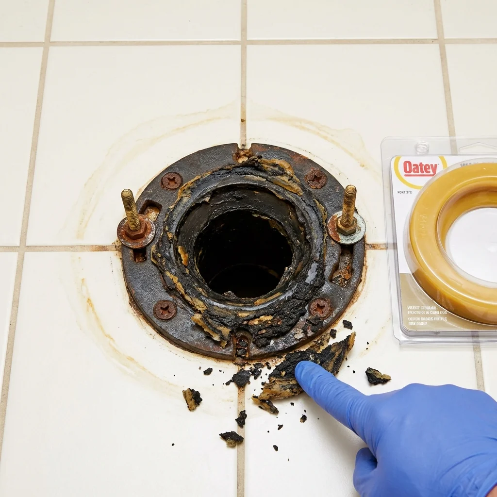 Failed wax ring showing water seepage at the base of a toilet in a Coachella, CA home