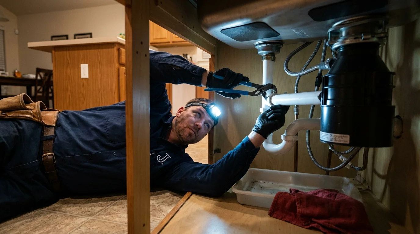P-trap and supply line connections under a kitchen sink showing a common leak point in Coachella, CA